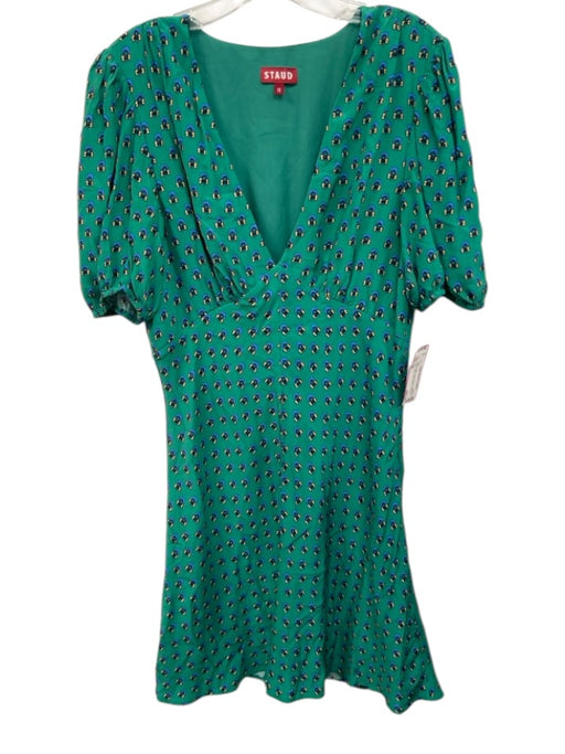 Staud Size 10 Green & Blue Rayon Blend Flowers Deep v neck Above Knee Dress Green & Blue / 10