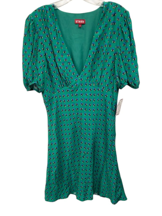 Staud Size 10 Green & Blue Rayon Blend Flowers Deep v neck Above Knee Dress Green & Blue / 10