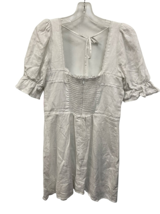 Reformation Size 10 White Linen Lace Trim Tie Back Puff Sleeve Above Knee Dress White / 10