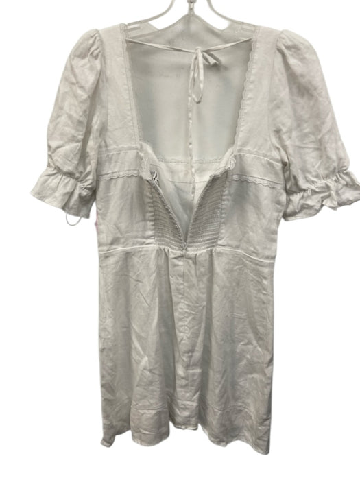 Reformation Size 10 White Linen Lace Trim Tie Back Puff Sleeve Above Knee Dress White / 10