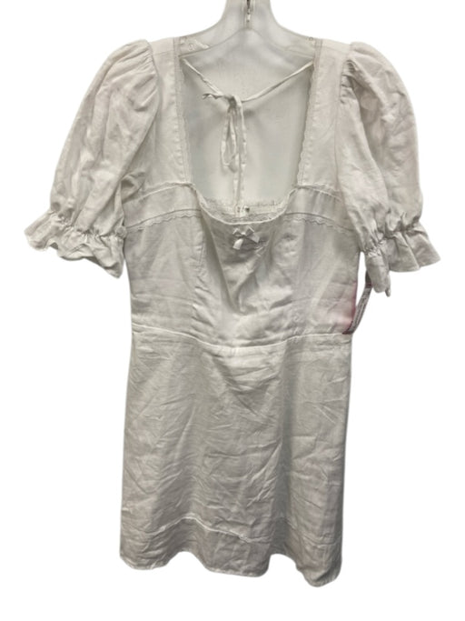 Reformation Size 10 White Linen Lace Trim Tie Back Puff Sleeve Above Knee Dress White / 10