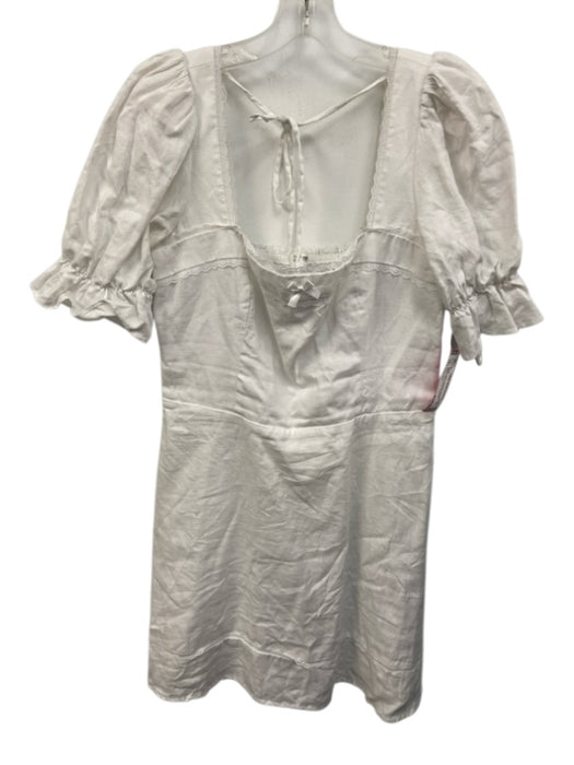 Reformation Size 10 White Linen Lace Trim Tie Back Puff Sleeve Above Knee Dress White / 10