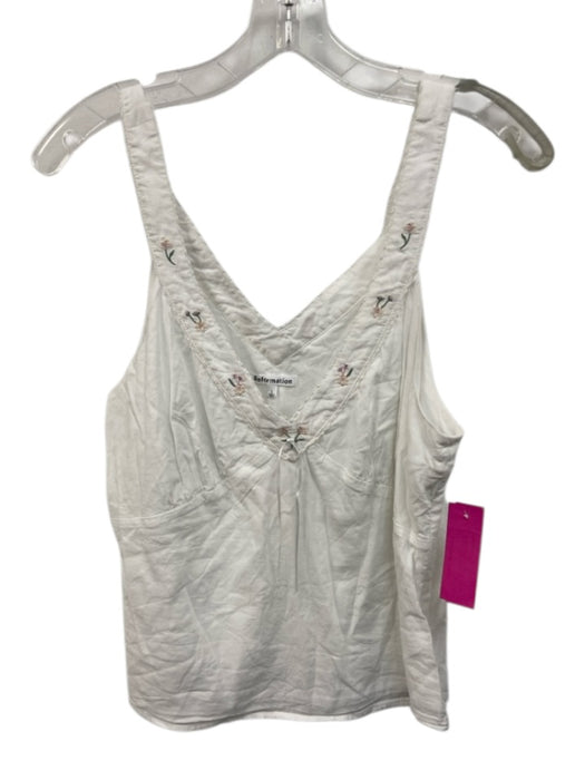 Reformation Size L White Cotton Blend Lace Trim Embroidered Flowers V Neck Top White / L