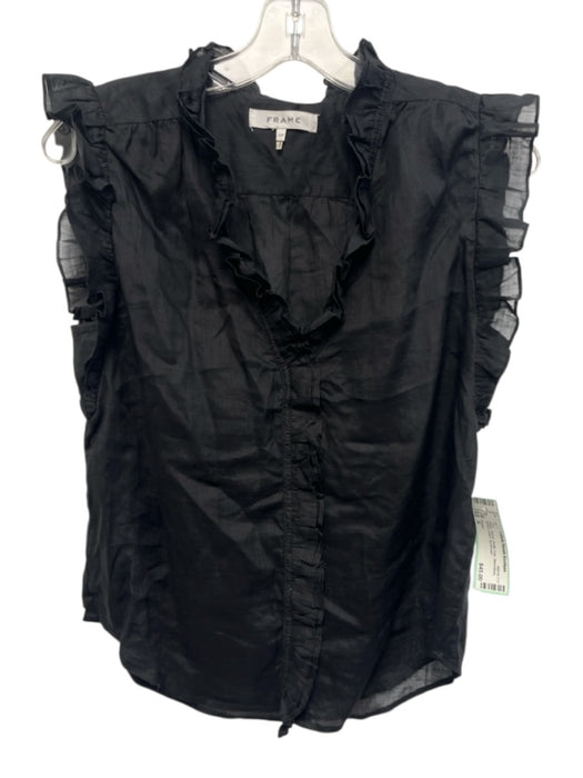 Frame Size S Black Ramie Ruffle Trim Sleeveless Button Down Top Black / S