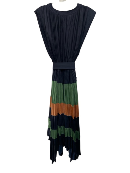 Ulla Johnson Size 4 Navy, Orange, Green Polyester Cap Sleeve Pleated Dress Navy, Orange, Green / 4