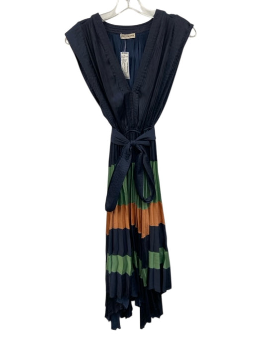 Ulla Johnson Size 4 Navy, Orange, Green Polyester Cap Sleeve Pleated Dress Navy, Orange, Green / 4