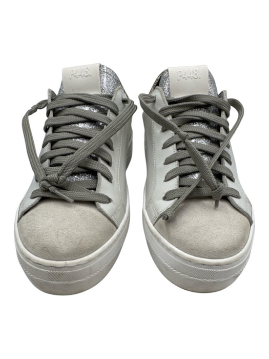 P448 Shoe Size 39 White, Silver, Beige Leather Upper Lace Up Leopard Sneakers White, Silver, Beige / 39