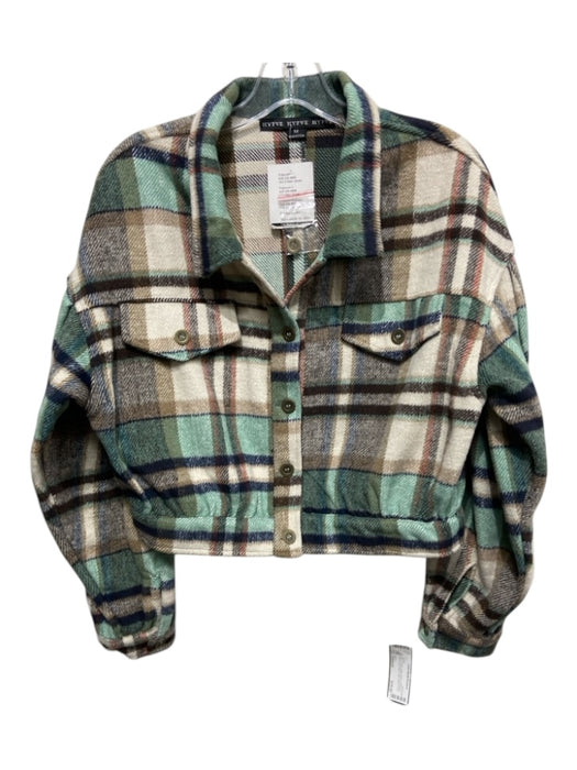 Hyfve Size Medium Cream, Green, Brown Polyester Blend Long Sleeve Plaid Jacket Cream, Green, Brown / Medium