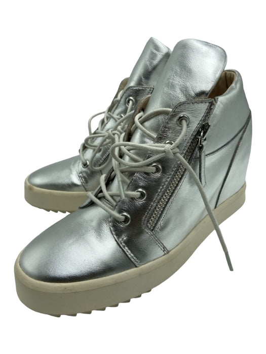 Cecilia Shoe Size 7 Silver & White Leather Lace Up Low Top Wedge Sneakers Silver & White / 7