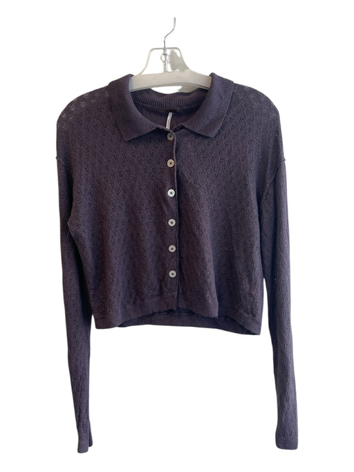Free People Size S Dark Purple Linen Blend V Neck Button Down Collared Top Dark Purple / S