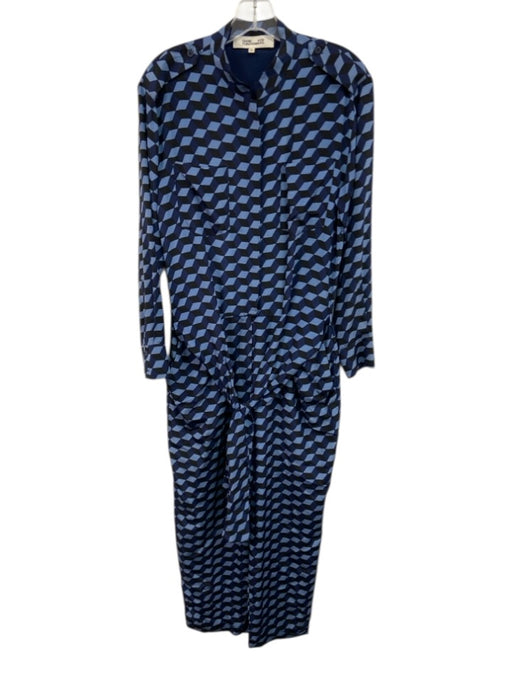 Diane Von Furstenberg Size 6 Mixed Blues Silk Geometric Print Tie Waist Jumpsuit Mixed Blues / 6