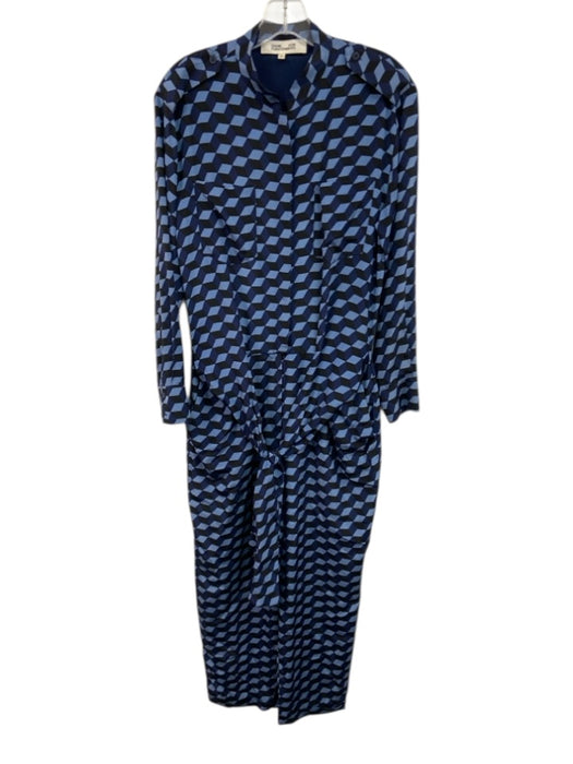 Diane Von Furstenberg Size 6 Mixed Blues Silk Geometric Print Tie Waist Jumpsuit Mixed Blues / 6
