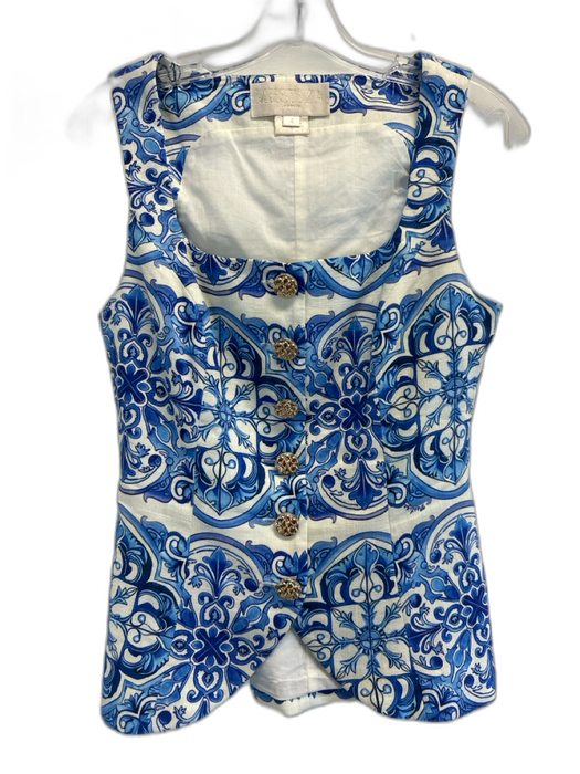 Mestiza New York Size 4 White & Blue Rayon & Linen Sleeveless Square Neck Top White & Blue / 4