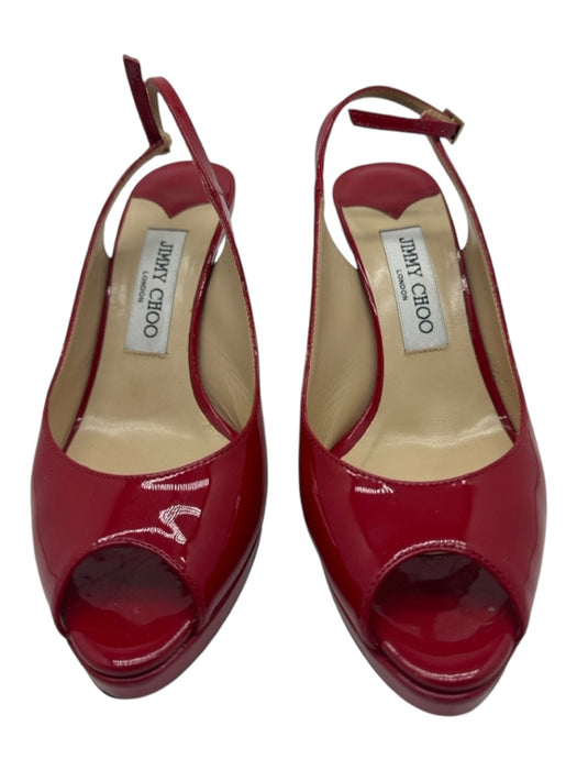 Jimmy Choo Shoe Size 37.5 Red Patent Leather Peep Toe Slingback Stiletto Pumps Red / 37.5