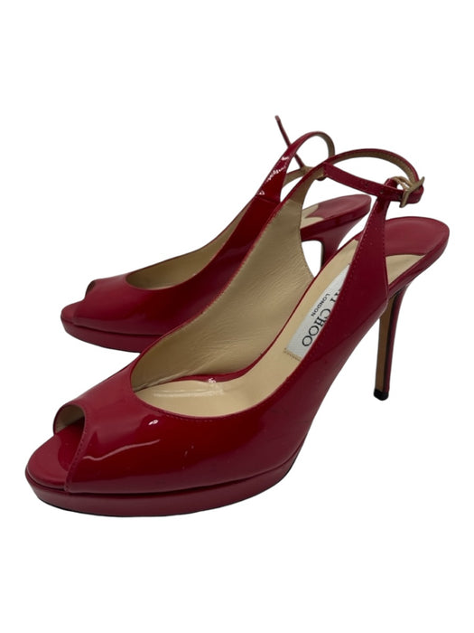 Jimmy Choo Shoe Size 37.5 Red Patent Leather Peep Toe Slingback Stiletto Pumps Red / 37.5