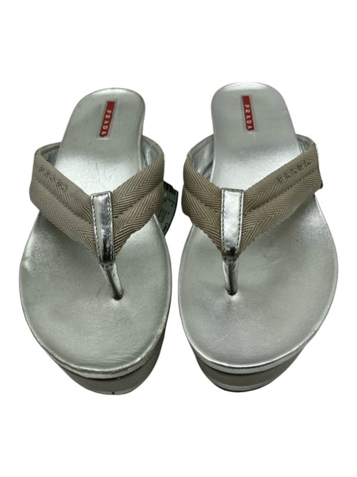 Prada Shoe Size 37 Silver Leather & Canvas Thong Wedge Flip Flop Sandals Silver / 37