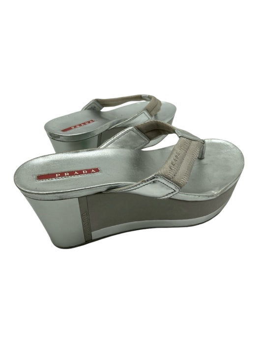 Prada Shoe Size 37 Silver Leather & Canvas Thong Wedge Flip Flop Sandals Silver / 37