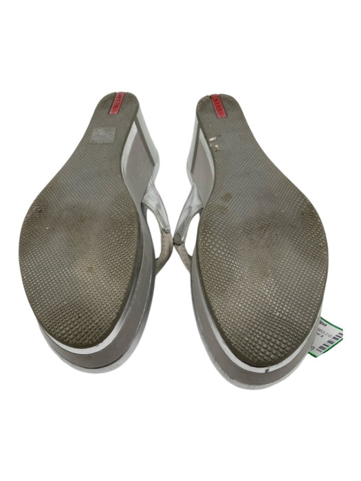 Prada Shoe Size 37 Silver Leather & Canvas Thong Wedge Flip Flop Sandals Silver / 37