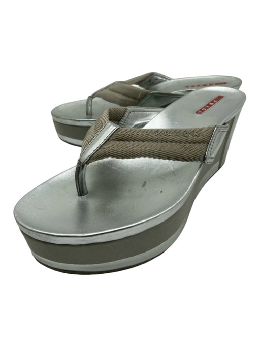 Prada Shoe Size 37 Silver Leather & Canvas Thong Wedge Flip Flop Sandals Silver / 37