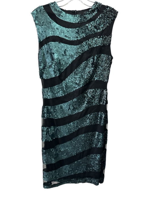 Rena Lange Size 8 Teal & Black Polyester Sleeveless Striped Sequins Mesh Dress Teal & Black / 8