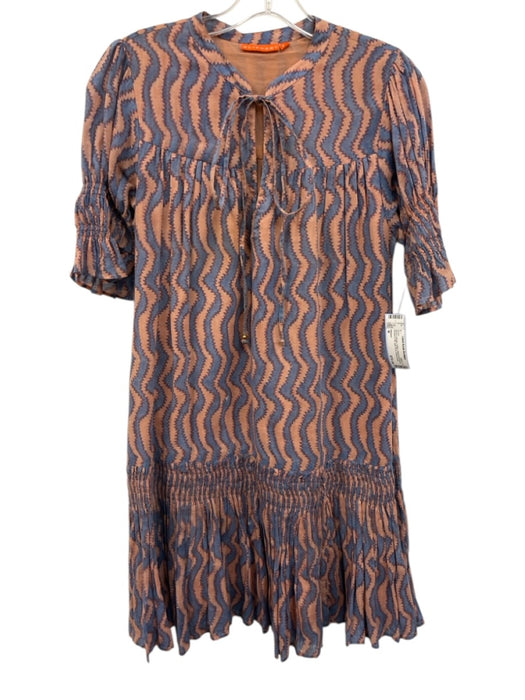 Oliphant Size M Blue & Orange Cotton Short Puff Sleeve Abstract Print Dress Blue & Orange / M