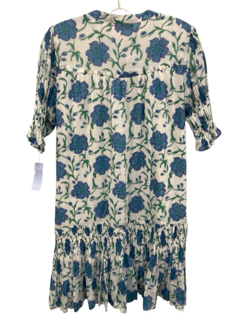 Oliphant Size M Green, Blue, White Cotton Short Puff Sleeve Floral Print Dress Green, Blue, White / M