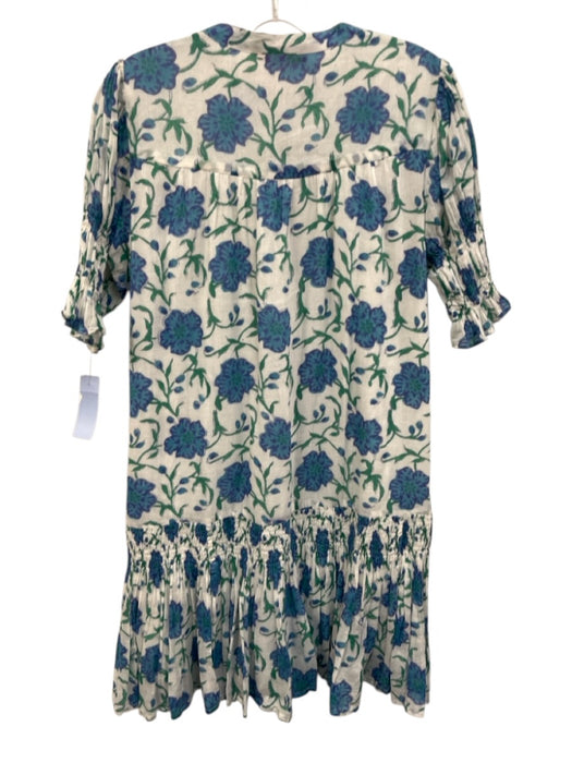 Oliphant Size M Green, Blue, White Cotton Short Puff Sleeve Floral Print Dress Green, Blue, White / M