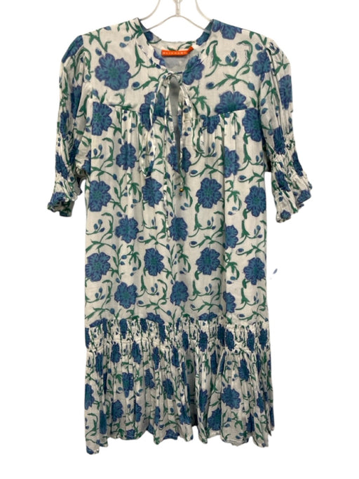 Oliphant Size M Green, Blue, White Cotton Short Puff Sleeve Floral Print Dress Green, Blue, White / M