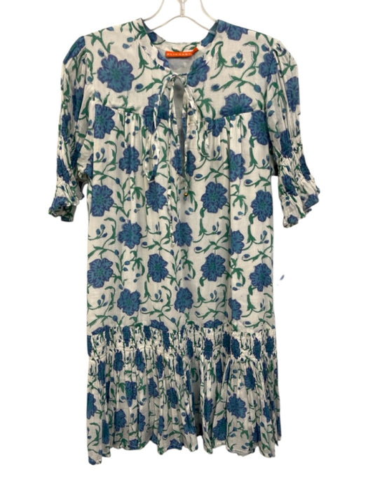 Oliphant Size M Green, Blue, White Cotton Short Puff Sleeve Floral Print Dress Green, Blue, White / M