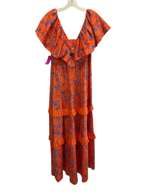Alden Adair Size S Orange & Blue Cotton Blend Big Cat Print V Neck Tiered Dress Orange & Blue / S