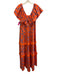 Alden Adair Size S Orange & Blue Cotton Blend Big Cat Print V Neck Tiered Dress Orange & Blue / S