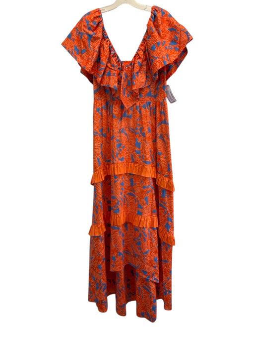 Alden Adair Size S Orange & Blue Cotton Blend Big Cat Print V Neck Tiered Dress Orange & Blue / S