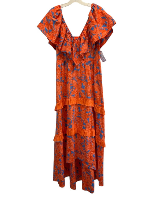 Alden Adair Size S Orange & Blue Cotton Blend Big Cat Print V Neck Tiered Dress Orange & Blue / S