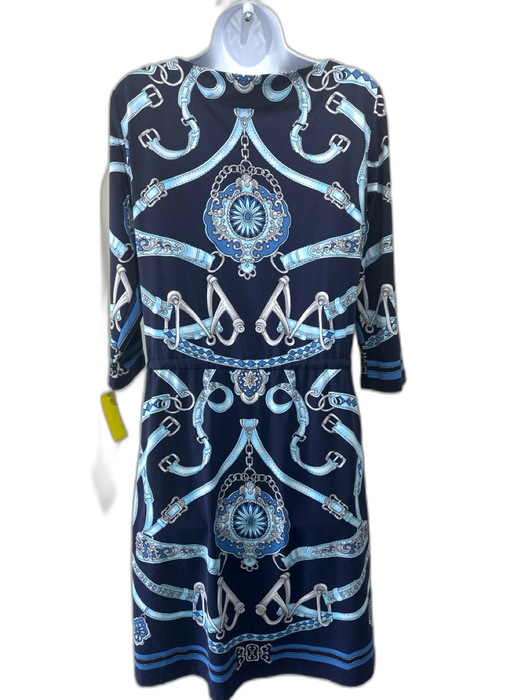 J. McLaughlin Size L Navy & Multi Nylon Blend Wide Neck Printed 3/4 Sleeve Dress Navy & Multi / L