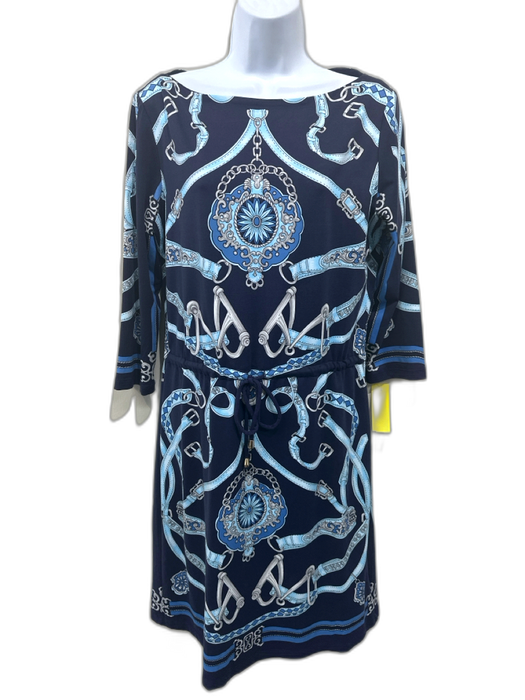 J. McLaughlin Size L Navy & Multi Nylon Blend Wide Neck Printed 3/4 Sleeve Dress Navy & Multi / L