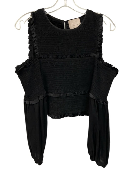 Cinq a Sept Size M Black Silk Shirred Cold Shoulder Ruffle Lantern Sleeve Top Black / M