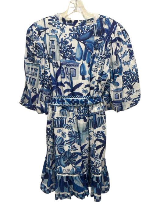 Farm Rio Size XL White & Blue Cotton Blend Button Front Short Puff Sleeve Dress White & Blue / XL