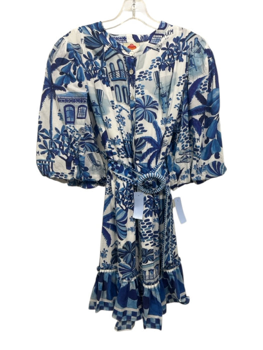 Farm Rio Size XL White & Blue Cotton Blend Button Front Short Puff Sleeve Dress White & Blue / XL