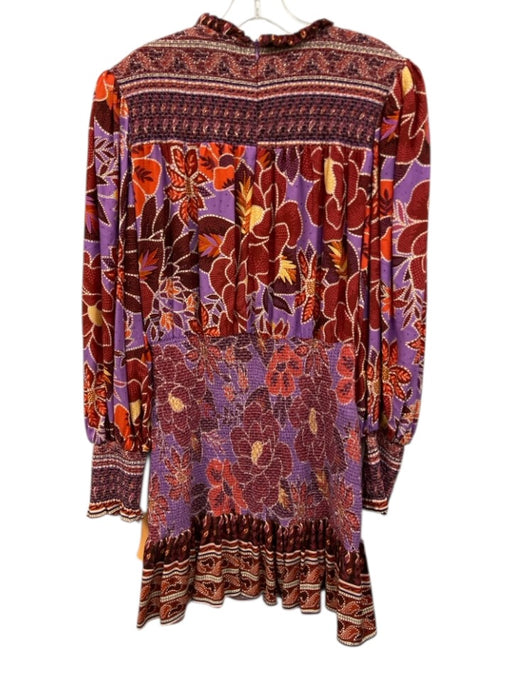 Farm Rio Size L burgundy red & purple Viscose Floral Long Balloon Sleeve Dress burgundy red & purple / L
