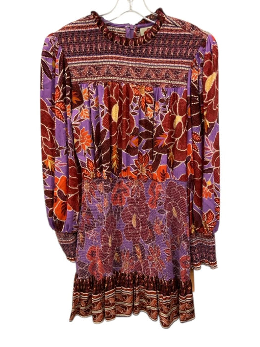 Farm Rio Size L burgundy red & purple Viscose Floral Long Balloon Sleeve Dress burgundy red & purple / L