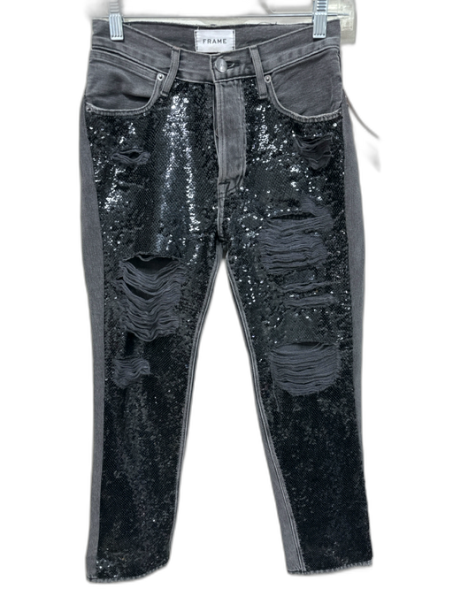 Frame Size 24 Gray Cotton Denim Sequinned Front Panel Button Fly Ripped Jeans Gray / 24