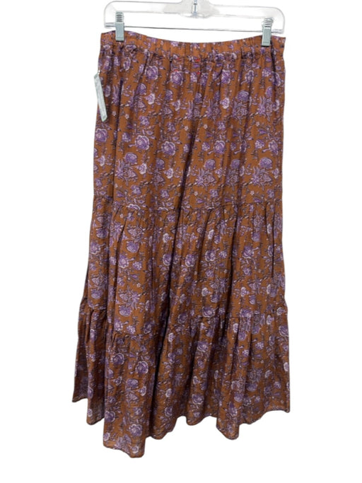 XiRENA Size Medium Purple & Brown Cotton & Silk Elastic Waist Floral Midi Skirt Purple & Brown / Medium
