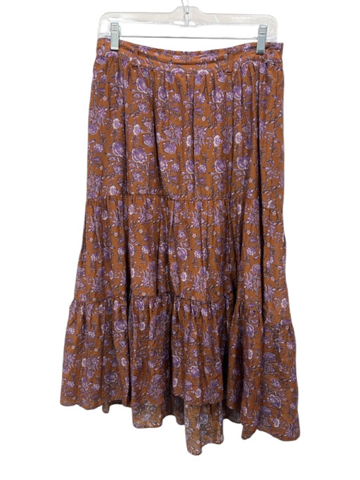 XiRENA Size Medium Purple & Brown Cotton & Silk Elastic Waist Floral Midi Skirt Purple & Brown / Medium
