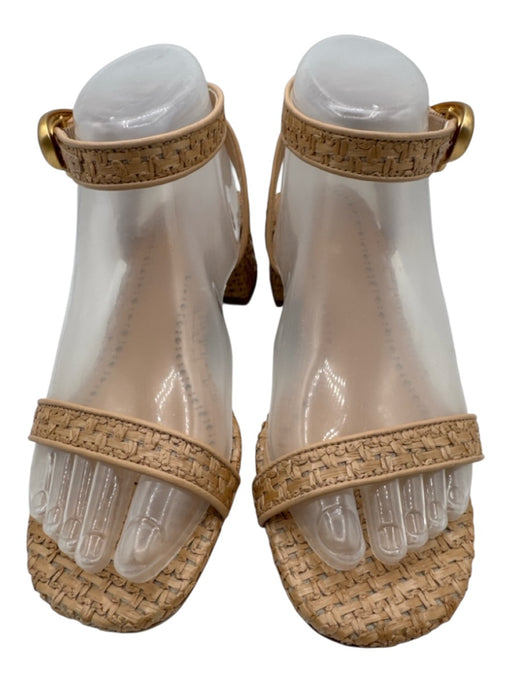 Larroude Shoe Size 7 Beige Leather & Straw Toe Strap Woven Ankle Strap Sandals Beige / 7