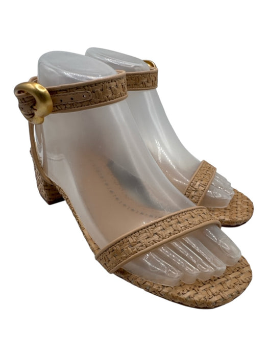 Larroude Shoe Size 7 Beige Leather & Straw Toe Strap Woven Ankle Strap Sandals Beige / 7