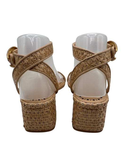 Larroude Shoe Size 7 Beige Leather & Straw Toe Strap Woven Ankle Strap Sandals Beige / 7
