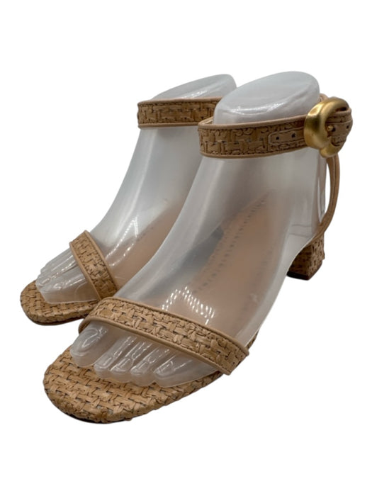 Larroude Shoe Size 7 Beige Leather & Straw Toe Strap Woven Ankle Strap Sandals Beige / 7