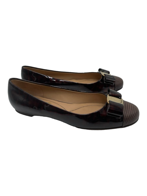 Salvatore Ferragamo Shoe Size 6.5 Dark Brown Print Patent Leather Bow Flats Dark Brown Print / 6.5