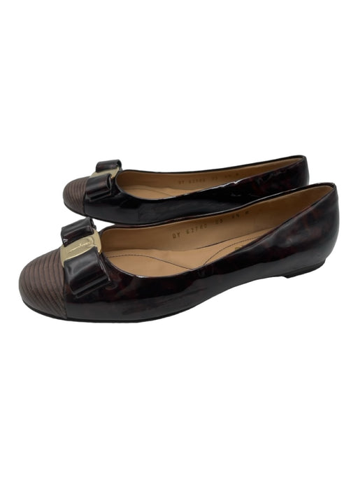 Salvatore Ferragamo Shoe Size 6.5 Dark Brown Print Patent Leather Bow Flats Dark Brown Print / 6.5