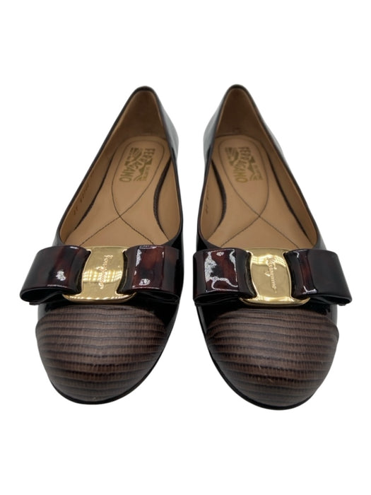 Salvatore Ferragamo Shoe Size 6.5 Brown Print Patent & Leather Bow Cap Toe Flats Brown Print / 6.5